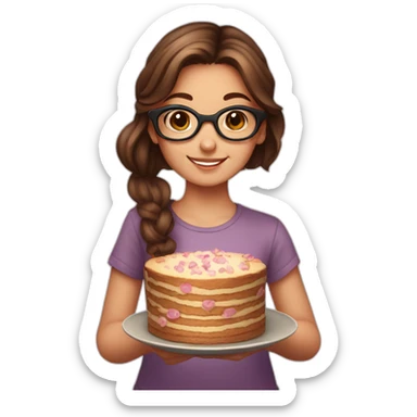 Young girl with brown hair and tortoiseshell glasses holding a plate with cakes sticker
