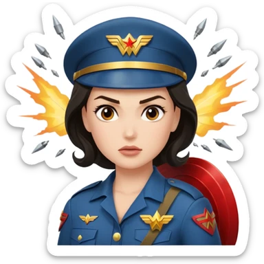 Female full confidence battle ready soldier heroically saving lives accompanied by Wonder Woman , with shelling happening all around sticker
