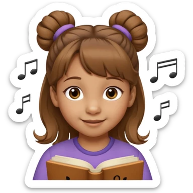 Niña de 4 años con ojos marrones claros, pelo castaño claro con dos moños altos y pelitos sueltos a modo de flequillo, nariz chata y risueña. Con nota musical sticker