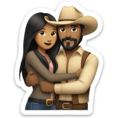 Girl with light brown skin and long black straight hair hugging a man with tan skin and a cowboy hat that has a black beard and mustache.  sticker
