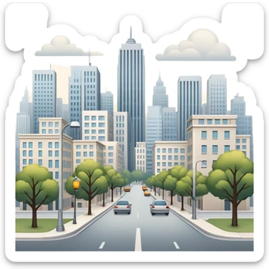 A typical city with mid-sized buildings, roads, streetlights, and a few trees — not a skyline of skyscrapers, but a balanced, everyday urban scene sticker