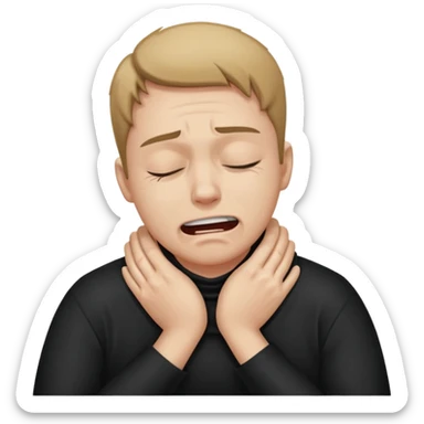 “A person with a pained expression, eyes shut, clenching their teeth, and both hands wrapped around their neck, as if choking or struggling to breathe. Wearing a black shirt against a plain white background. Emotion: pain, distress, or choking.” sticker