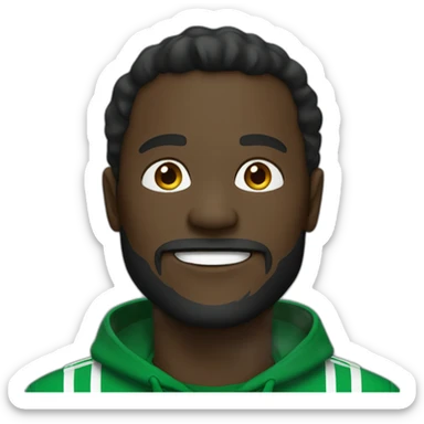 man, dark skin, light beard, dark green tracksuit, smiling sticker