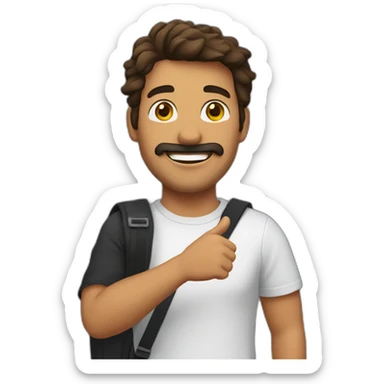A stereotypical Portuguese young man waving with a big smile, a mustache, a bit of beard on the chin and a brown mullet, wearing a black t-shirt and a chest bag sticker