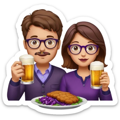 German man with glasses and brown hair and woman with glasses and brown hair eating schnitzel, red cabbage, potatoes, and drinking a beer sticker