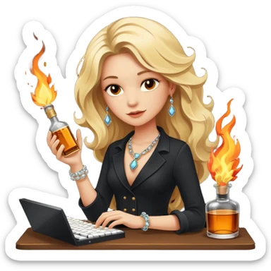 A sketchnote illustration rendered in a strong moody style, featuring a blonde woman with cascading gorgeous hair, a keyboard, a whiskey bottle, a key, a jewelry box, and fire elements against a black background. The lighting is low with low contrast, emphasizing dramatic shadows. sticker