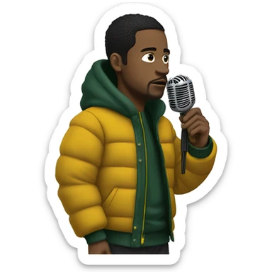 Side profile of a hip hop artist, holding a mic down in one hand. He's wearing a dark green puffy jacket with a mustard yellow collar. sticker