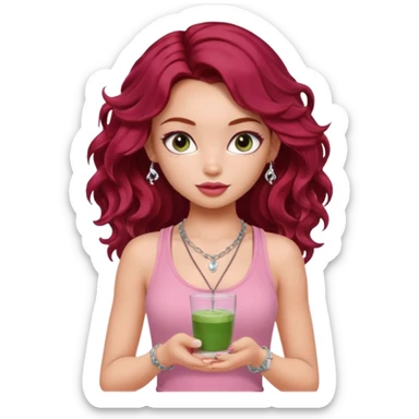 a pretty fair bratz girl with wavy dark red hair, wearing a pink tank top . silver dainty layered necklaces, carrying a matcha sticker