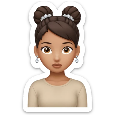 generate a pretty bratz girl with dark brown eyes. Dark brown hair tied in a single bun, tight beige shirt with top shirt open. diamond studs in ears. airpods in ear sticker