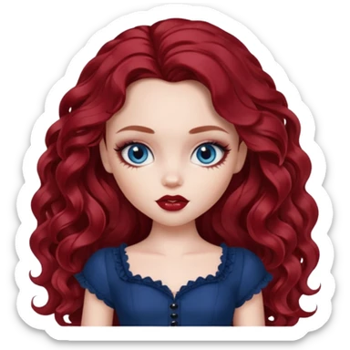 pale skin, girly bratz baddie, beautiful dark blue eyes, pretty makeup, long dark red wavy hair sticker