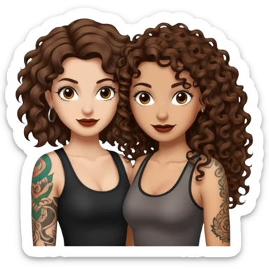 side eye duo — long wavy brown hair tattooed woman and short tight curly brown hair woman — rogue grin sticker