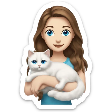 woman with brown hair and holding a all white Siberian cat with blue eyes sticker