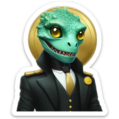 Aquamarine reptilian in black suite with laser eyes on the golden coin in background sticker