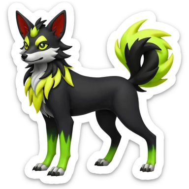 Hyper realistic skeletal black and neon green and neon yellow Mightyena-Lycanroc-Zorua-Litten-Houndoom-Fakémon-Pokémon-Digimon-hybrid-fusion (full body) sticker