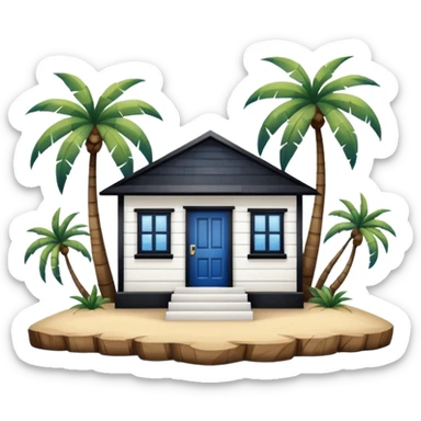 A square white and blue stripe house horizontally with wooden door on a island with palm trees sticker