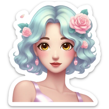 Gorgeous pastel shiny pearly colorful anime style lady with blushing face and roses leaves shiny aesthetic trending style sticker
