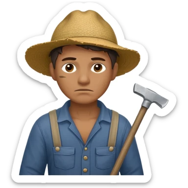 Emoji portrait of a male agricultural slave. He has a tired expression and wears rough clothes, holding a hoe over his shoulder. sticker