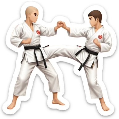 Two karate fighters in traditional gi sparring. One executes a high kick aimed at the opponent’s head, while the other blocks with a strong hand defense. The background features a classic dojo with wooden flooring and banners. Dynamic motion and focused expressions. Transparent background. sticker