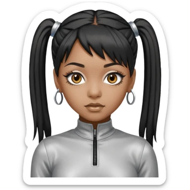 Left Eye from TLC with dark skin, long black ponytail hair, silver outfit sticker