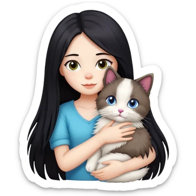 Girl with straight black long hair hugging a colorpoint ragdoll plush toy and a tricolor long-haired cat sticker