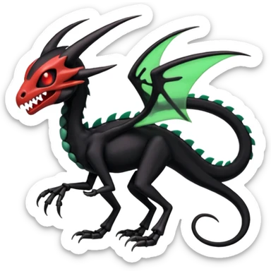 Obsidian-black and neon-glowing-green skeletal Meloetta-Salandit-Noivern-Salazzle-Pokémon-Fakémon-creature-fusion-hybrid with glowing crimson-red evil slit eyes sticker