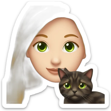 woman with green eyes and long straight blonde hair and big boobs is holding a very fluffy and fat tortoiseshell cat sticker