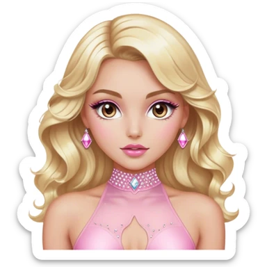 Luxury blonde model, brown eyes, sleek wavy hair, diamanté rhinestone covered pink bodysuit  sticker