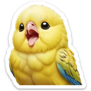 Cinematic Cute Yawning Yellow Budgie Portrait Emoji, Head tilted slightly with a dramatic, wide-open yawn, showcasing a soft, downy yellow feathered fur with gently drooping wings, round dark eyes barely open in drowsy contentment, Simplified yet irresistibly adorable features, highly detailed, glowing with a soft, cozy glow, high shine, relaxed yet expressive, stylized with a touch of whimsy, bright and endearing, soft glowing outline, capturing the essence of a sleepy yet affectionate budgie, so drowsy it feels like it could stretch out of the screen and curl up for a nap! sticker