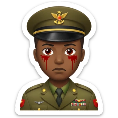 soldier with dark Senegalese skin, scowling, blood splatter on left cheek, military uniform visible, Apple 2D emoji style sticker