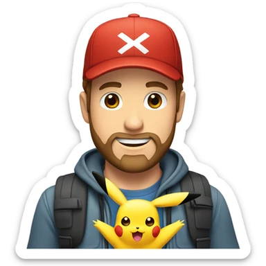 white man with brown hair and beard and a red cap, holding and a pikachu pokemon sticker