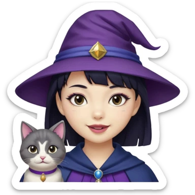 An Asian short-haired girl with short raven hair and bangs, with heterochromia eyes(her left eye is silver coloured and her right eye is dark brown coloured), cat-eyed eyeliner, and laughs with a tiny fang of mauve-toned lipstick, wears a dark navy wizard hat with an emblem on it. sticker