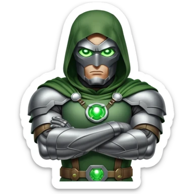 Doctor Doom with arms crossed and green glowing eyes sticker