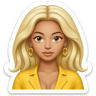 Beyonce brown eyes, long platinum blonde hair, yellow outfit with earrings sticker