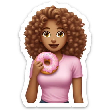 A lightskin girl with curly hair eating a pink frosted donut with sprinkles  sticker
