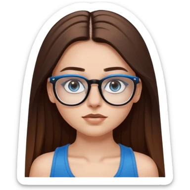 White girl with long straight brown hair and blue eyes wearing plastic frame glasses that go from black to clear ombré from top to bottom. Stud nose piercing on right side of nose and a septum piercing (the ring on bottom of nose). Wearing black tank top. sticker