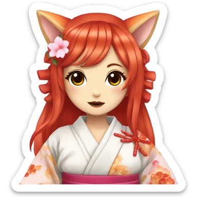 hime gyaru girl, kimono, red hair, kitsune mask sticker