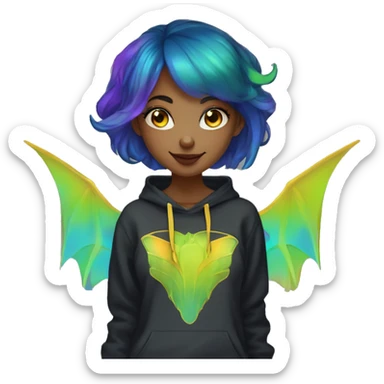Lady with brunette and iridescent blue hair, gold, lime green dragon wings, black hoodie, oilslick holographic, black and gold Nike t shirt, and bright red eyes sticker