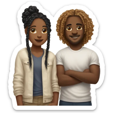 Realistic black girl with box braids and light skin boy with short curly hair and a short beard hugging sticker
