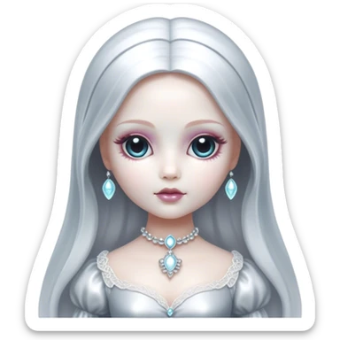 Cinematic, Ultra realistic 32k HD, hauntingly beautiful doll, Balanced features, highly detailed, glowing with silver light, high shine, remembrance, a painting of white silver, fanciful, enchanting, ghostly. The image is so lifelike it feels as though it could leap off the canvas at any moment sticker