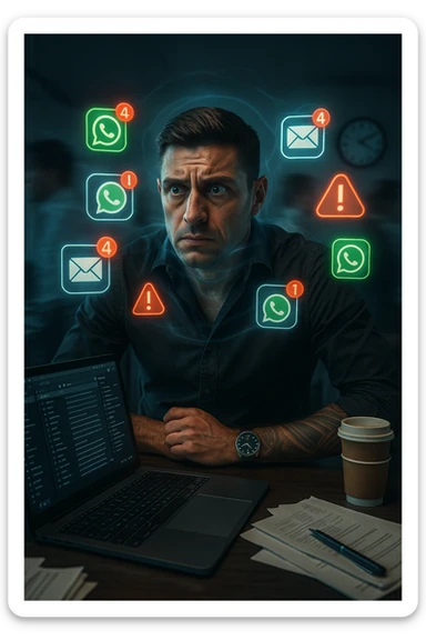 A highly realistic, cinematic portrait of a young man in his early 30s with a tired, tense expression, sitting at his modern office desk surrounded by multiple smartphones with glowing notification bubbles (WhatsApp, emails, alerts) hovering around him like aggressive neon icons. His posture is hunched, shoulders raised, eyes slightly wide, and jaw clenched, representing constant hyper-vigilance and stress. The environment is a cold, cluttered workspace with a laptop displaying endless emails and Slack notifications, coffee cups stacked nearby, and a clock showing late hours, symbolizing the relentless pace of modern work life. Behind him, ghostly blurred figures rush by in a fast-motion effect, representing the constant rush and societal pressure. A faint, tight grey aura wraps around his chest and head, symbolizing blocked breathing and mental tension, while faint blue light tries to push through, representing the body’s desire to find calm. The lighting is harsh and cool, with a 35mm hyperrealistic film style, shallow depth of field focusing on the man’s stressed face and the floating notifications, illustrating the modern trap of always being on alert. sticker