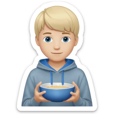Teen boy with blue eyes and Grey hoodie standing up with blond short bowl cut sticker