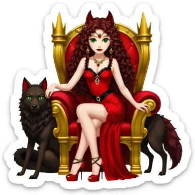 Lilith green eyes, symbol seductress evil brown curly long hair haired, sexy succubus woman with red and black Chanel dress on. A red and black stiletto platform high heel shoes on. sitting on a Black and gold throne. A large black fur wolf sitting beside her. Red rubies surround them both sticker