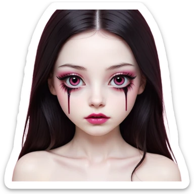 girl with white skin, dark brown long realistic straight hair with middle part prominently falling in front of her body over her shoulders, lips with reddish-pink shiny lip gloss and absolutely no cupid's bow, big round eyes with very black shiny eyeballs and natural long eyelashes, absolutely no eye makeup, no eyeshadow, no eyeliner, completely bare eyes, light pink blush on cheeks, lighter button nose, exceptionally elongated very long oval-shaped face, wearing a pink off-shoulder top, looking directly at camera with hands down at sides sticker