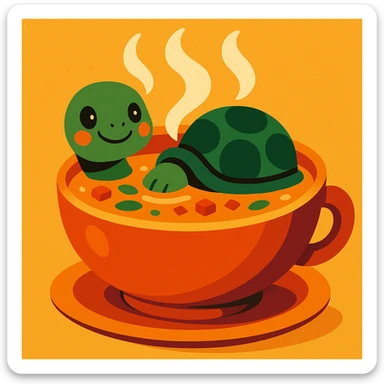 a steaming bowl of soup with a turtle peeking out, whimsical, warm tones sticker