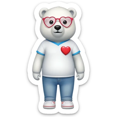 friendly anthropomorphised polar bear standing upright, looking chilled and unbothered, wearing a shirt, jeans, trainers, heart-shaped colorful glasses sticker