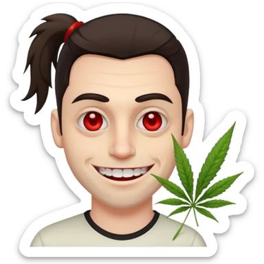 A white man with dark brown hair in a ponytail, oversized bloodshot eyes, grinning, weed smoker  sticker