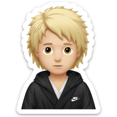 Create a blond boy with long, messy hair, light eyes, a white t-shirt, rich, with long hair, blue eyes, medium-length, voluminous hair, wearing a black Nike bathrobe and a little blush near his nose. and with a  balaclava, but showing her hair. sticker