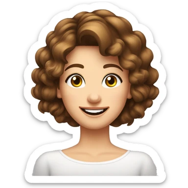 Une charmante dame avec des cheveux bruns legerement boucles jusqu'au epaules, des yeux verts, un regard timide, un beau sourire sticker