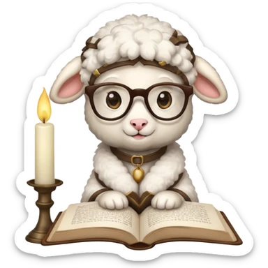 Little lamb with glasses reading books by candlelight  sticker