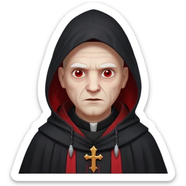 cursed village priest portrait, head and shoulders only, dark hooded robe, mysterious expression, subtle red accents, eerie glow, gothic village atmosphere, 3D cartoon, mobile game icon style, clean background, no text, no watermark

 sticker